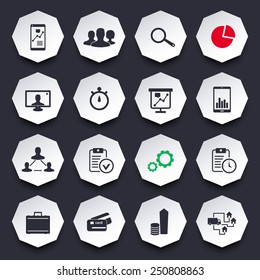 16 business trendy octagonal icons with shadow vector illustration, eps10, easy to edit