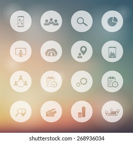 16 business white round icons on blur background vector illustration, eps10, easy to edit
