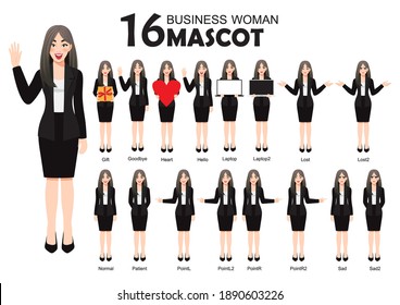 16 Business Woman Mascot in Black Suit, cartoon character style poses set vector illustration