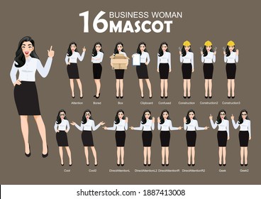 16 Business Woman Mascot, cartoon character style poses set vector illustration 