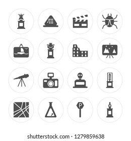 16 Butterfly, Newtons cradle, Flask, Map, Sword, Vase, Picture, Telescope, Colosseum modern icons on round shapes, vector illustration, eps10, trendy icon set.
