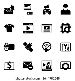 16 button filled icons set isolated on white background. Icons set with Email marketing, Video games, In-game Advertising, t-shirt, media player, Video blog, video shooting icons.