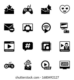 16 button filled icons set isolated on white background. Icons set with Ranking, Gaming, Email marketing, Spam, Computer repair, Livestream, media player, Hashtag, happiness icons.