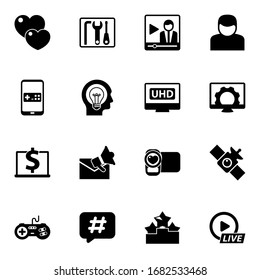 Los iconos rellenos de 16 botones están aislados en fondo blanco. Conjuntos de iconos con amor, kit de reparación, transmisión de video, juego móvil, gente creativa, transmisión de 4K, iconos de entrenamiento por computadora.