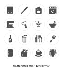 16 Cabinet, Knife, Pot, Fridge, Spatula, Dinner, Mixer, Wine bottle, Chef modern icons on round shapes, vector illustration, eps10, trendy icon set.