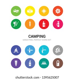 16 camping vector icons set included sleeping bag, stump, sun lotion, sun protection, surfing, swiss army knife, swiss knife, tent, thermo, thermos, torch icons