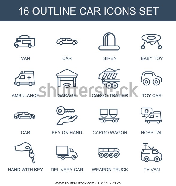 16 car icons. Trendy car icons white background.\
Included outline icons such as van, siren, baby toy, ambulance,\
garage, cargo trailer, toy car, key on hand. icon for web and\
mobile.