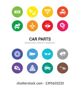 16 car parts vector icons set included car handbrake, car hard top, hazard lights, headlight, headrest, hood, horn, hubcap, ignition, indicator, jack icons