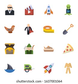 16 cartoon flat icons set isolated on white background. Icons set with security, Video marketing, spaceship, Toys making, business hero, measuring, treasure, archer, alien icons.