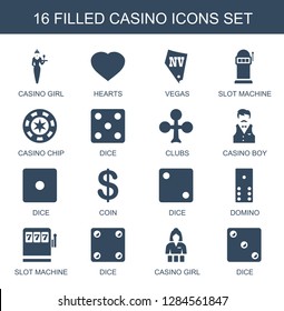 16 casino icons. Trendy casino icons white background. Included filled icons such as Casino girl, Hearts, Vegas, Slot machine, casino chip, Dice. icon for web and mobile.