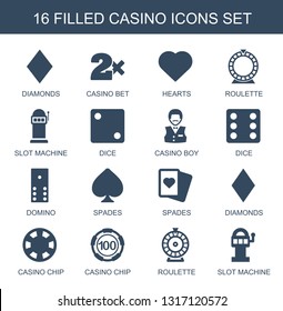 16 casino icons. Trendy casino icons white background. Included filled icons such as Diamonds, Casino bet, Hearts, Roulette, Slot machine, Dice. icon for web and mobile.