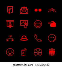 16 caucasian icons with hand with forefinger pointing to left and presentation in this set