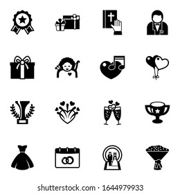 16 celebration filled icons set isolated on white background. Icons set with achievement, gifts, vow, gift, cupid angel, music, champion, firework, groom, balloons, bride dress icons.