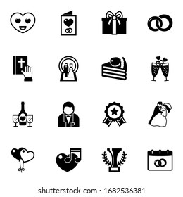 16 celebration filled icons set isolated on white background. Icons set with happiness, Invitation, gift, vow, Wedding, dessert, champagne, groom, rings, balloons, music icons.