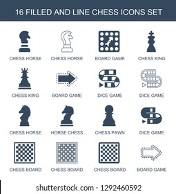 16 chess icons. Trendy chess icons white background. Included filled and line icons such as chess horse, board game, king, dice game, horse chess. icon for web and mobile.