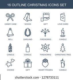 16 christmas icons. Trendy christmas icons white background. Included outline icons such as candy cane, socks, gift, love card, bell, garland. christmas icon for web and mobile.