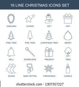 16 christmas icons. Trendy christmas icons white background. Included line icons such as garland, cookie, gift, pine tree, christmas tree, berry. icon for web and mobile.