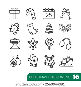 16 Christmas line icons set includes gift box, candy cane, champagne glasses, sweets, mittens, letter,etc.	