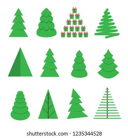 16 Christmas tree fir flat style design icon sign set vector illustration. Symbol of family xmas holiday celebration isolated on white background.  Simple shape for holyday.