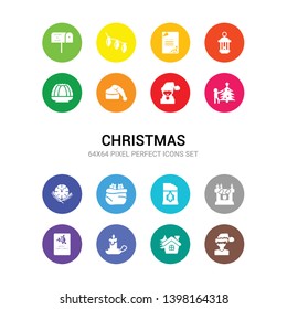 16 christmas vector icons set included christmas boy, christmas cabin, candelabra, card, chimney, chocolate, bag, clock, day, girl, hat icons