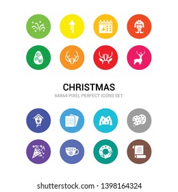 16 christmas vector icons set included christmas wishlist, christmas wreath, cocoa, confetti, cookie, costume, cracker, cuckoo clock, deer, deer costume, deer horns icons