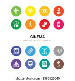 16 cinema vector icons set included spotlight, stage, storyboard, studio, subtitle, theatre, ticket, ticket office, ticket window, tragedy, tripod icons