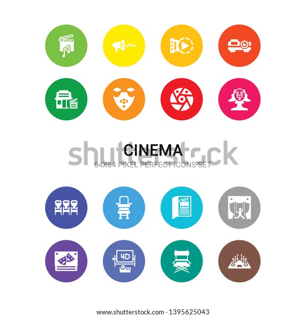 16 cinema vector icons set\
included premiere, producer, projector screen, prompt box, puppet,\
scenario, seat, seats, shakespeare, shutter, silence\
icons