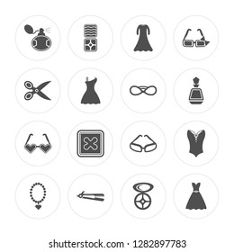 16 Circular perfume bottle, Makeup, Hair iron, Necklace, Sexy female dress, Long black gown, Scissors inverted view modern icons on round shapes, vector illustration, eps10, trendy icon set.