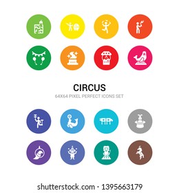 16 circus vector icons set included circus horse, circus lion, monkey, parrot, rabbit, sawing, seal, stunt, walrus, claw machine, crystal ball icons