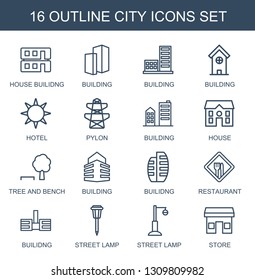 16 city icons. Trendy city icons white background. Included outline icons such as house builidng, building, hotel, pylon, house, tree and bench. city icon for web and mobile.