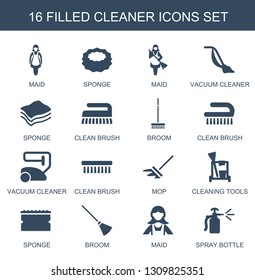 16 cleaner icons. Trendy cleaner icons white background. Included filled icons such as maid, sponge, vacuum cleaner, clean brush, broom, mop. icon for web and mobile.