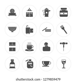 16 Clock, Extractor hood, Liquid soap, Sauce, Corkscrew, Glass, Strainer, Cabinet, Dishes modern icons on round shapes, vector illustration, eps10, trendy icon set.
