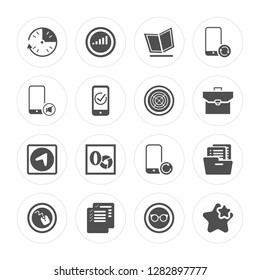 16 Clock, Volume, List, Mouse, Files, Favourite, Mute, Navigation, Spider web modern icons on round shapes, vector illustration, eps10, trendy icon set.