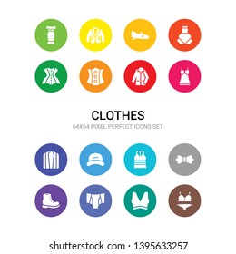 16 clothes vector icons set included bra & knicker, brassiere, briefs, brisk boots, butterfly tie, camisole, cap, cardigan, chemise, coat, corset icons