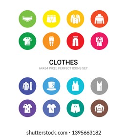 16 clothes vector icons set included sweatshirt, swim shorts, t shirt, t-shirt, tank top, tanktop, top hat, tracksuit, trench coat, trouser, trousers icons