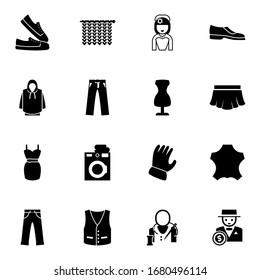 16 clothing filled icons set isolated on white background. Icons set with sneakers, Knitting, bride, hoodie, trousers, sewing mannequin, dress, Laundry service, Man shoes icons.