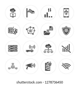 16 Cloud computing, Cctv, Megaphone, Lan, No, No wifi, Broken, Data, File transfer modern icons on round shapes, vector illustration, eps10, trendy icon set.