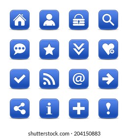 16 cobalt satin icon with basic sign. Rounded square web internet button with gray shadow on white background. Vector illustration design element 8 eps