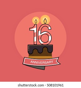 16 Colorful Birthday Candles number, Anniversary Logo Design Isolated on Pink Background