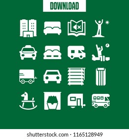 16 comfort vector icon set with airbed, double bed, caravan and taxi frontal vehicle icons for mobile and web