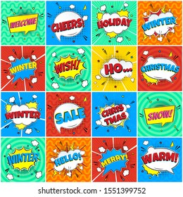 16 Comic Winter Lettering In The Speech Bubbles Comic Style Flat Design. Dynamic Pop Art Vector Illustration Isolated On Rays Background. Exclamation Concept Of Comic Book Style Pop Art Voice Phrases.