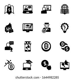 16 commerce filled icons set isolated on white background. Icons set with Angel investor, eCommerce solutions, eCommerce platform, social media campaign, online business icons.