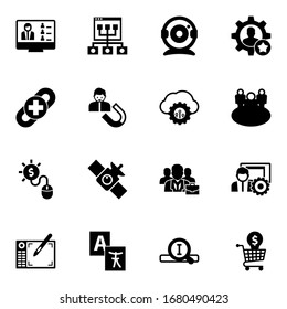 16 communication filled icons set isolated on white background. Icons set with Webinar, Online coaching, Web Camera, link building, User Engagement, cloud computing, Pay per click icons.