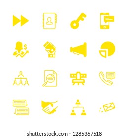 16 communication icons with search and businesswoman in this set