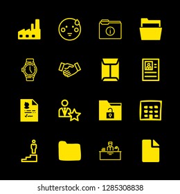 16 company icons with file filled paper sheet and watch in this set