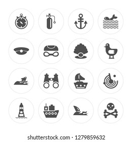 16 Compass, Oxygen tank, Ship, Lighthouse, Radar, Skull and bones, Captain, Fish, Pearl modern icons on round shapes, vector illustration, eps10, trendy icon set.