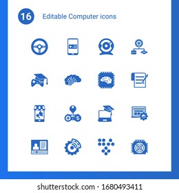 16 computer filled icons set isolated on . Icons set with Race game, Mobile game, Web Camera, Open Source, AI Architecture, Artificial Intelligence, Mobile marketing, Cheat icons.