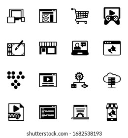 16 computer filled icons set isolated on white background. Icons set with responsive web design, wireframe, Distance Exam, Graphic tablet, Small business, eCommerce solutions icons.