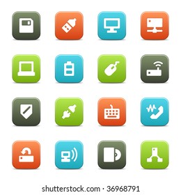 16 computer related icons. The vector file includes four color versions of each icon.