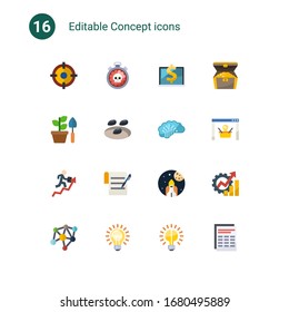 16 iconos de concepto plano establecidos aislados en . Iconos establecidos con Shooter, fecha límite, Entrenamiento por ordenador, Jardinería, semillas, Arquitectura AI, crecimiento de carrera, términos y condiciones iconos.